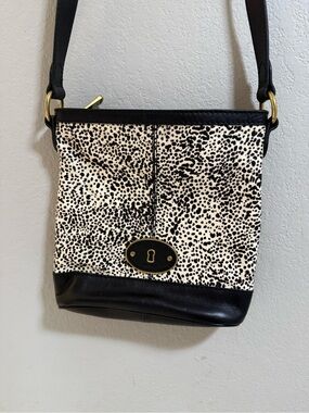 Fossil Haircalf Animal Print Crossbody Bag Black White Leather Purse
